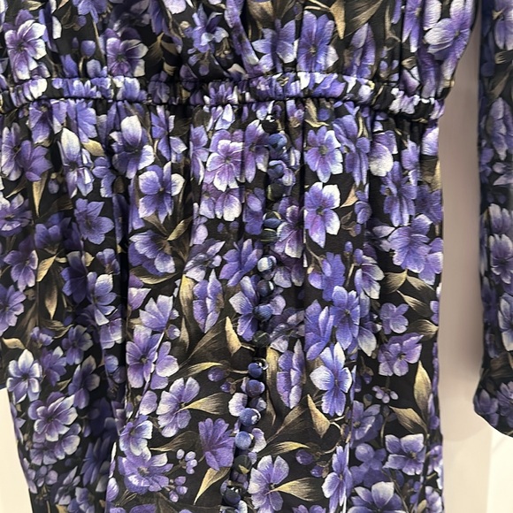 Purple floral the Kooples shoulder pad dress size Small deep v neck - Picture 3 of 7